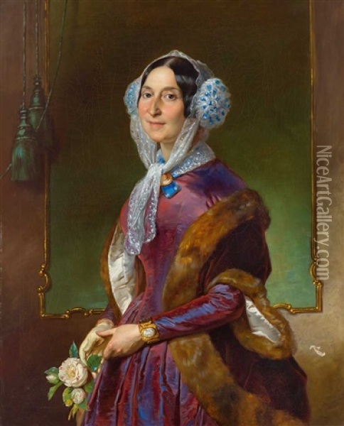 Dreiviertelportrait Einer Dame Im Roten Seidenkleid Oil Painting - Anton Einsle