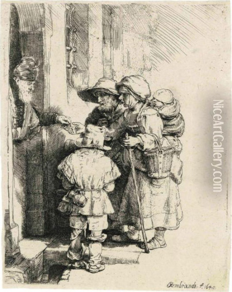 Beggars Receiving Alms At The Door Oil Painting - Rembrandt Van Rijn