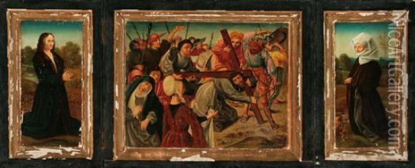 Christ Carrying The Cross With Donor Portraits Oil Painting - Spanish Forger