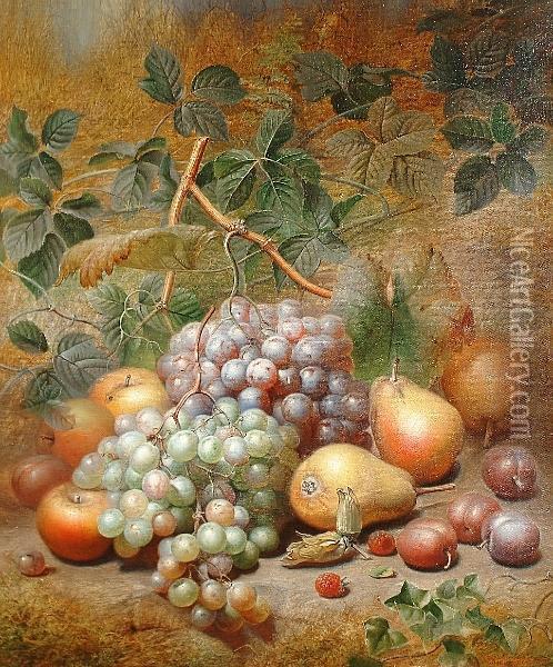 Still Life Of Grapes, Pears, Apples, Plums And Raspberries On A Mossy Bank Oil Painting - Charles Archer