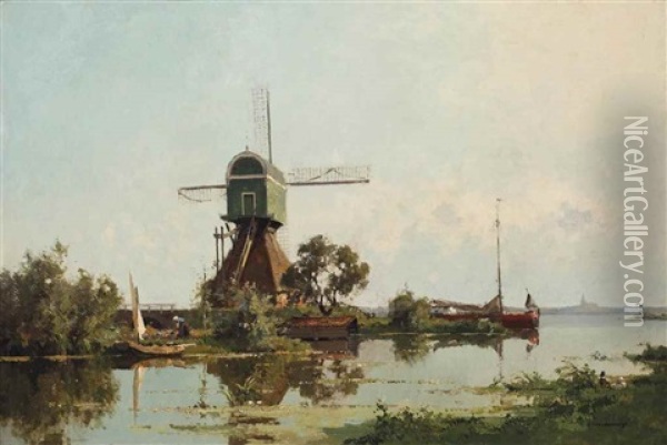 A Windmill In A Serene Landscape Oil Painting - Cornelis Vreedenburgh