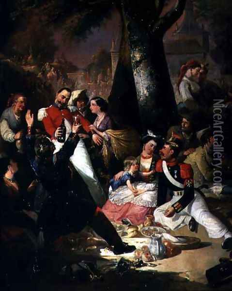 Soldiers Picnicking with their ladies Oil Painting - Manuel Roderiguez Guzman
