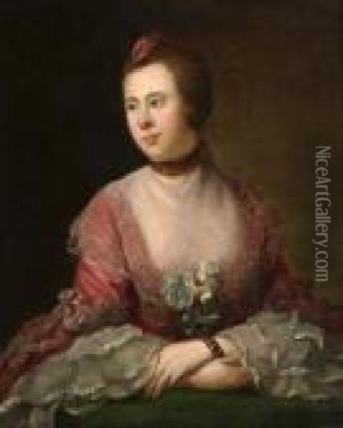 Portrait Of A Lady, Seated Half Length In Apink Dress With White Lace Oil Painting - Allan Ramsay