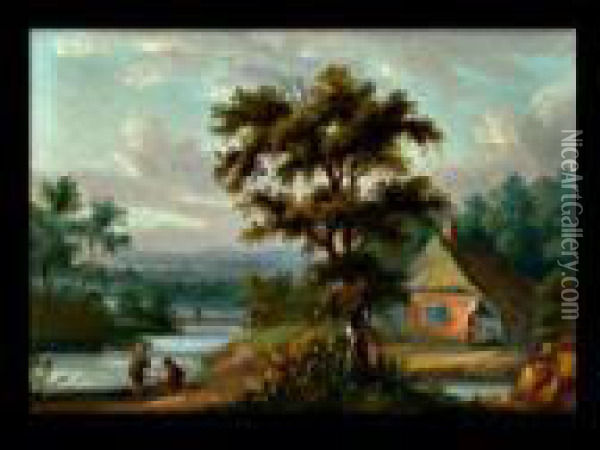 Landschaft Mit Strohbedecktem Gehoft Hinter Eichenbaum An Einemflus Oil Painting - Jan Frans I Van Bredael