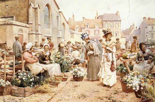 Flower Market in a French Town Oil Painting - Alfred Glendening