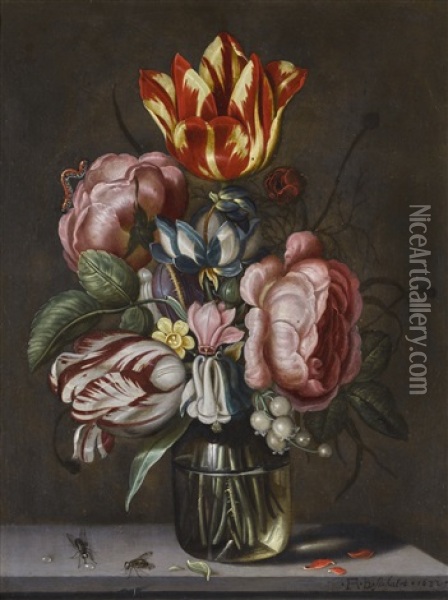 Still Life With Tulips And Roses In A Glass Vase Oil Painting - Ambrosius Bosschaert the Younger