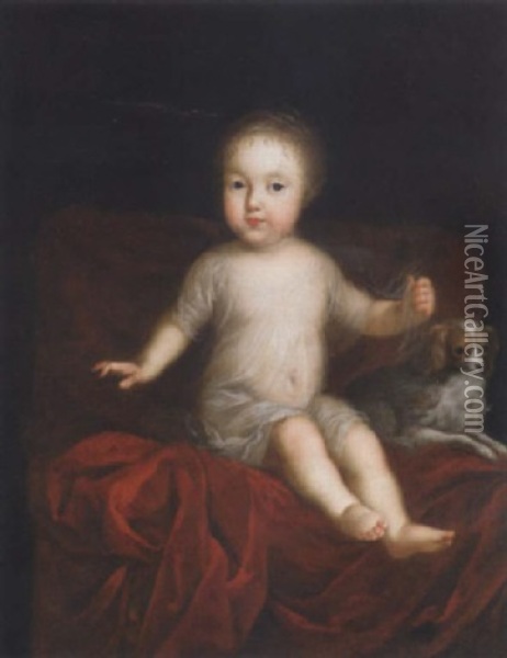 Portrait Of A Child, Sitting On A Red Satin Draped Chair Beside A Spaniel Oil Painting - Pierre Mignard the Elder