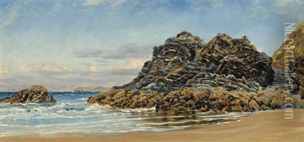The Black Rock, Tresaithe, Wales Oil Painting - John Brett