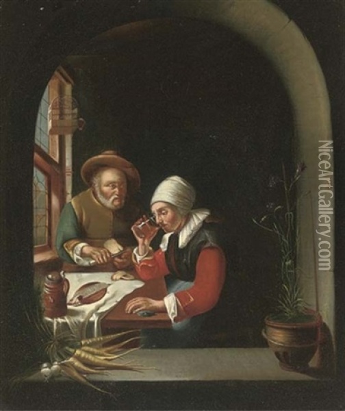 A Couple Eating And Drinking At A Casement (+ A Dentist With A Patient; 2 Works) Oil Painting - Gerrit Dou