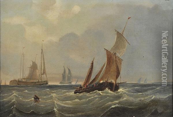 Fishing Boats And Other Vessels In A Swell, Signed, Oil On Canvas Oil Painting - William Calcott Knell