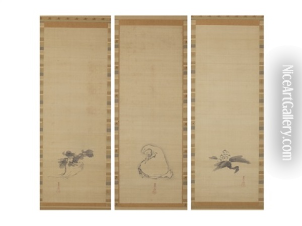 Loquat/daruma/turnip (a Set Of Three Scrolls) Oil Painting - Tanyu Kano