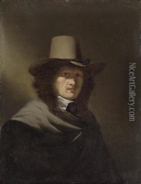 Portrait Of A Man, Half-length, In A Brown Coat And Hat Oil Painting - Simon Kick