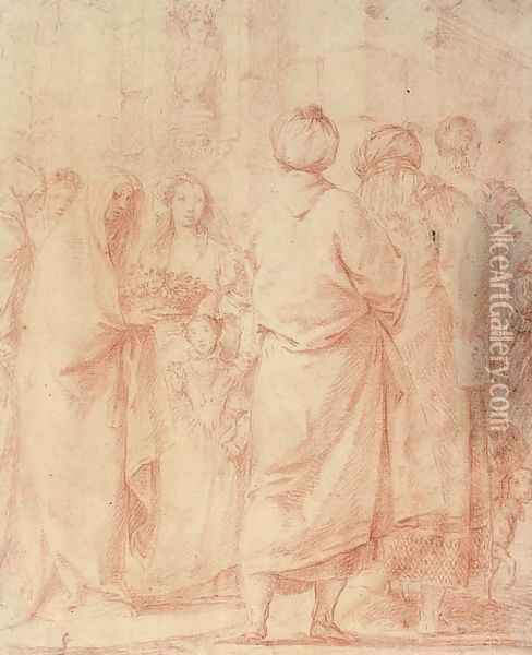 A procession of veiled women, orientals and a young man, before a bust of Tiberius Oil Painting - Giovanni Domenico Tiepolo