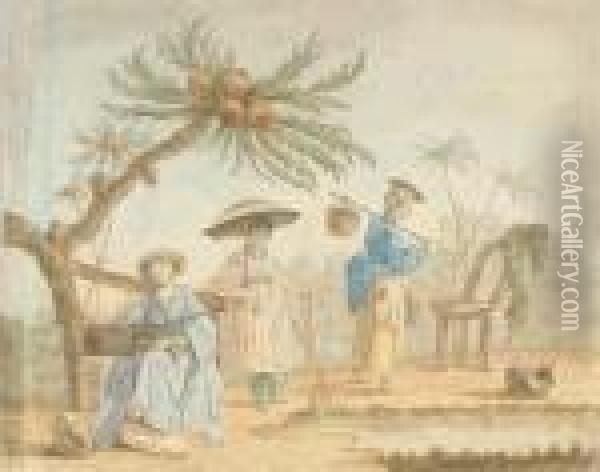 Three Women In Oriental Costume Beneath An Exotic Tree Oil Painting - Jean-Baptiste Le Prince