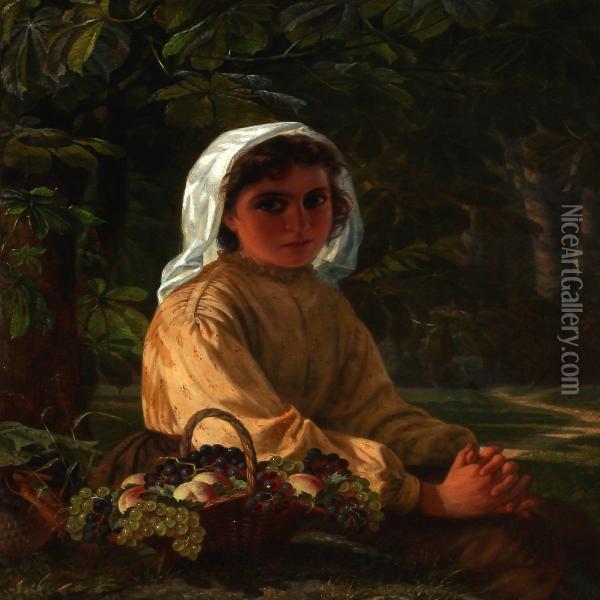 An Italian Girl With Grapes Sitting Under A Chestnut Tree Oil Painting - Just Holm