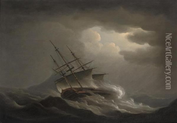 A Frigate Heeling In An Offshore Gale Oil Painting - Nicholas Pocock