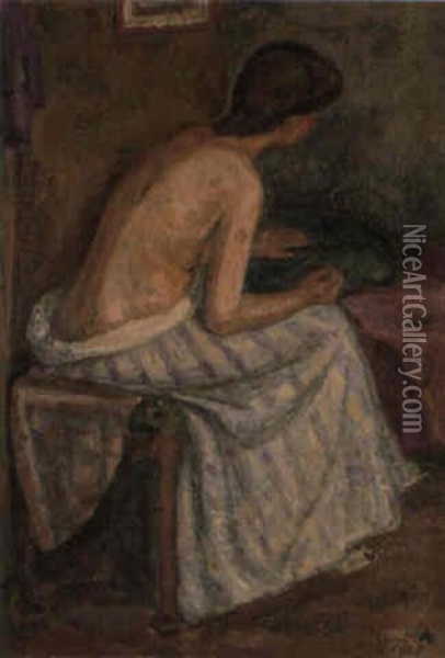 Femme Au Jupon Raye Oil Painting - Albert Anker
