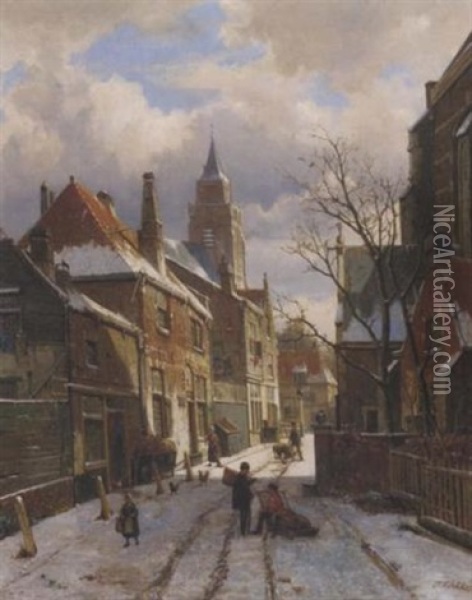 Daily Activities On A Sunny Winter's Day Oil Painting - Willem Koekkoek