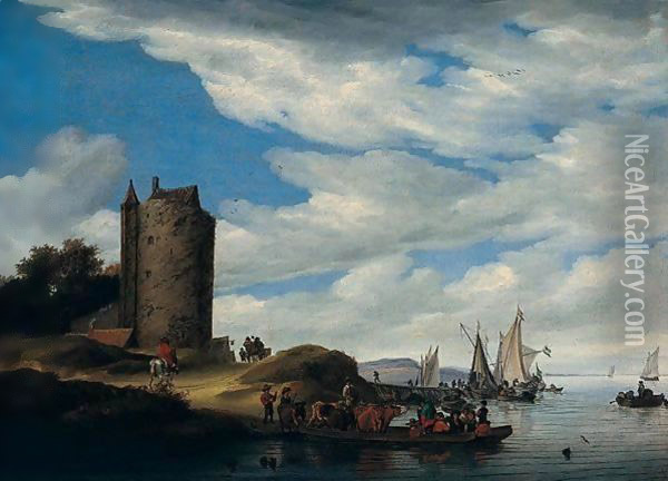 A River Landscape With A Ferryboat And Other Shipping, Travellers On A Path By A Tower Oil Painting - Salomon van Ruysdael