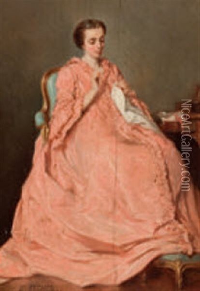 Dame In Lachsfarbenem Kleid Beim Sticken Oil Painting - Benjamin Eugene Fichel