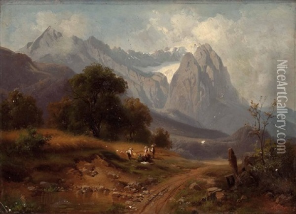 Die Alpspitze Und Das Zugspitzenmassiv Mit Personenstaffage Oil Painting - Heinrich Hofer