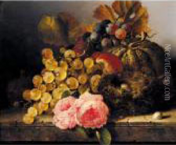 Still Life With A Birds Nest, Roses, A Melon And Grapes Oil Painting - Edward Ladell
