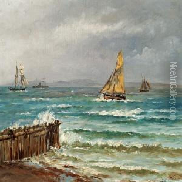 Seascape With Boats On A Windy Day Oil Painting - Holger Drachmann
