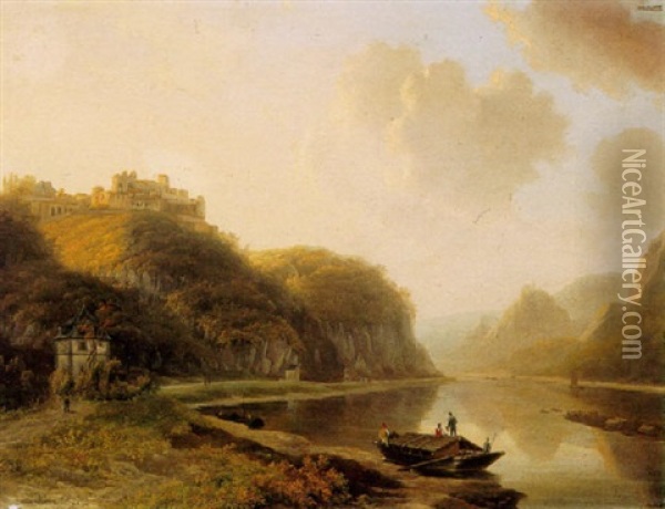 A Tranquil River Landscape At Dusk With Figures On A Boat In The Foreground Oil Painting - Willem De Klerk