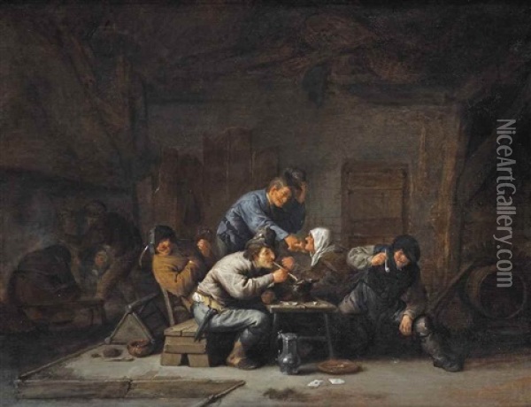 A Barn Interior With A Boor Greeting An Old Woman Seated By A Table, Other Boors Smoking And Drinking Nearby Oil Painting - Adriaen Jansz van Ostade
