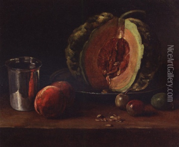 Still Life With A Melon, Peaches, And Other Fruit With A Silver Cup On A Table Oil Painting - Francois Bonvin