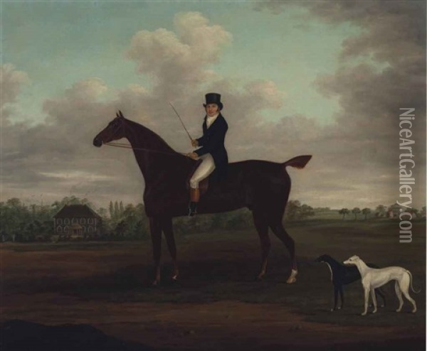 Portrait Of A Gentleman On A Bay Hunter With His Greyhounds And A Country House Beyond Oil Painting - John Francis Sartorius