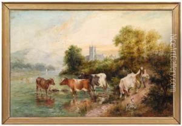An Evening Scene& Cows On The Banks Of The Severn Oil Painting - Edwin Frederick Holt