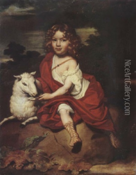 Portrait Of Young Boy With A Sheep, On A Rock, A Wooded Landscape Beyond Oil Painting - Jan de Baen