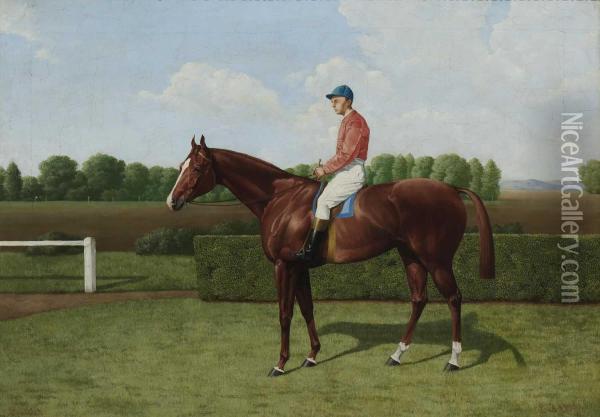 Das Rennpferd Gondolat Mit Jockey. Oil Painting - Emil Adam