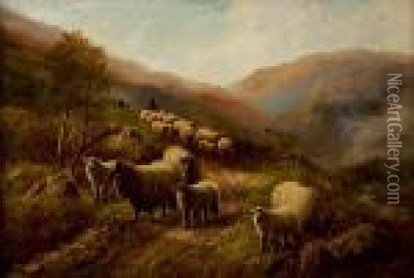 Shepherd And His Flock In A Mountainlandscape Oil Painting - Robert Watson