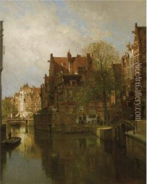 A View Of The Grimburgwal, Amsterdam Oil Painting - Johannes Christiaan Karel Klinkenberg
