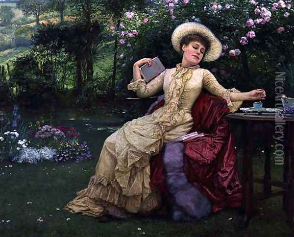 Drinking Coffee and Reading in the Garden Oil Painting - Edward Killingworth Johnson