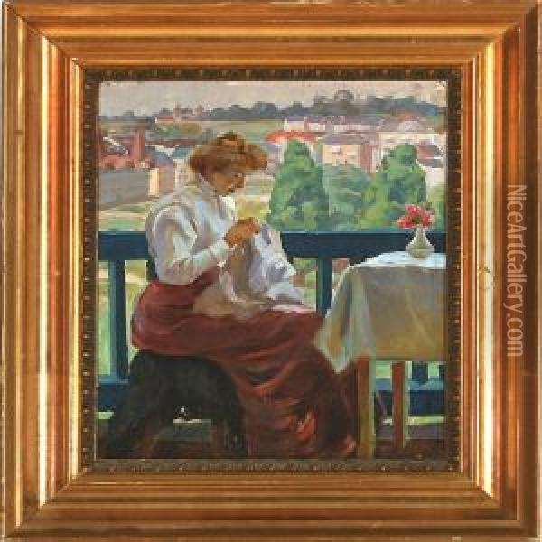 Woman With Her Needlework On A Terrace Oil Painting - Peter Marius Hansen
