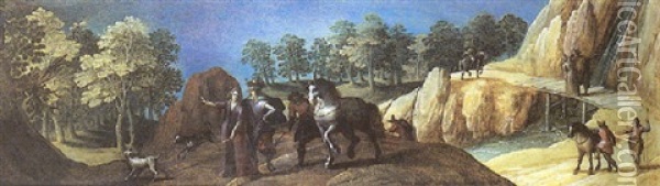 Promeneurs En Bordure De Riviere Et De Foret Oil Painting - Louis de Caullery