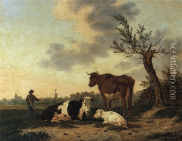 Paesaggio Con Mandriano, Tre Mucche E Mulino A Vento Nello Sfondo Oil Painting - Hendrik Van Oort