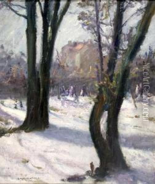 Winterliche Parklandschaft In Munchen-harlaching Mit Flanierenden Personen Oil Painting - Max Mayrshofer