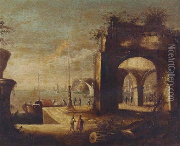 Figures On A Quayside Before A Ruined Arch Oil Painting - Leonardo Coccorante