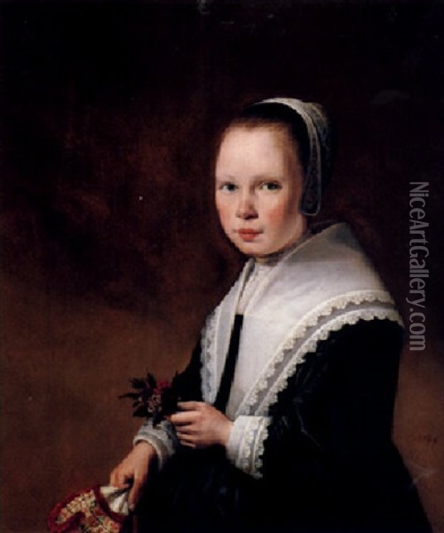 Portrait Of A Girl, Three Quarter Length, Holding Flowers In One Hand And Her Purse In The Other Oil Painting - Anthonie Palamedesz