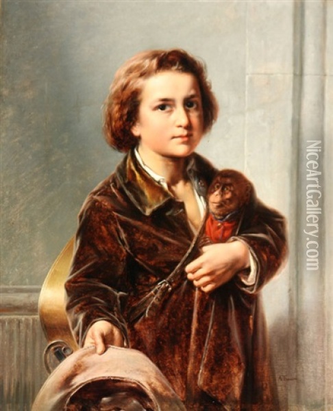 Young Boy With Monkey Oil Painting - August Carl Vilhelm Thomsen