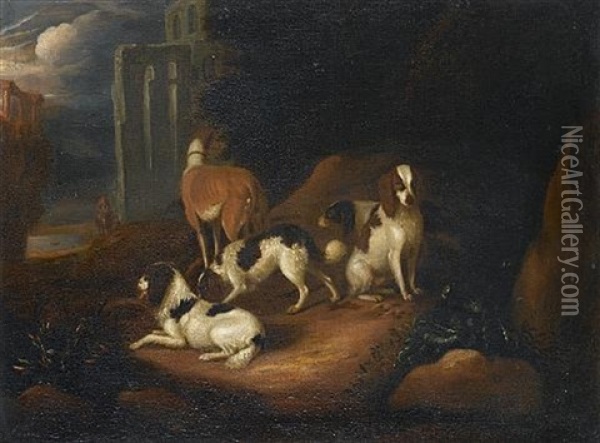 Spaniels And A Lurcher Resting In A Wooded Glade, A Landscape With Ruins Beyond Oil Painting - Adriaen Cornelisz Beeldemaker