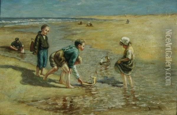 Children With Sailboats At The Beach Oil Painting - Bernardus Johannes Blommers
