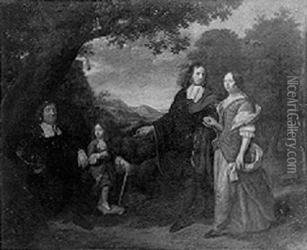 Group Portrait Of A Family In A Landscape: A Gentleman And His Wife Standing, Pointing To Their Son Oil Painting - Jan Mytens