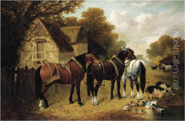 Carthorses At Rest In A Paddock Oil Painting - John Frederick Herring Snr