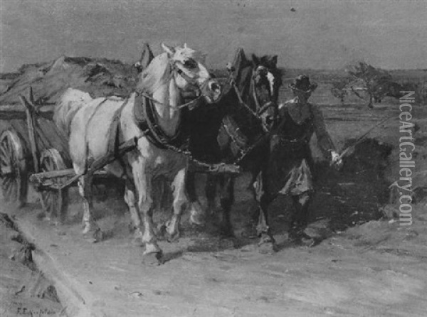Zwei Pferde Vor Dem Wagen Oil Painting - Friedrich Eckenfelder