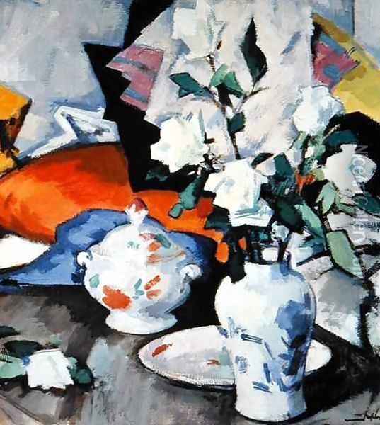 White Roses in a Vase Oil Painting - Samuel John Peploe